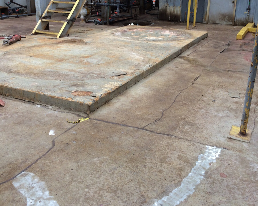 Urgent concrete base replacement at chemical plant with quick-setting concrete.