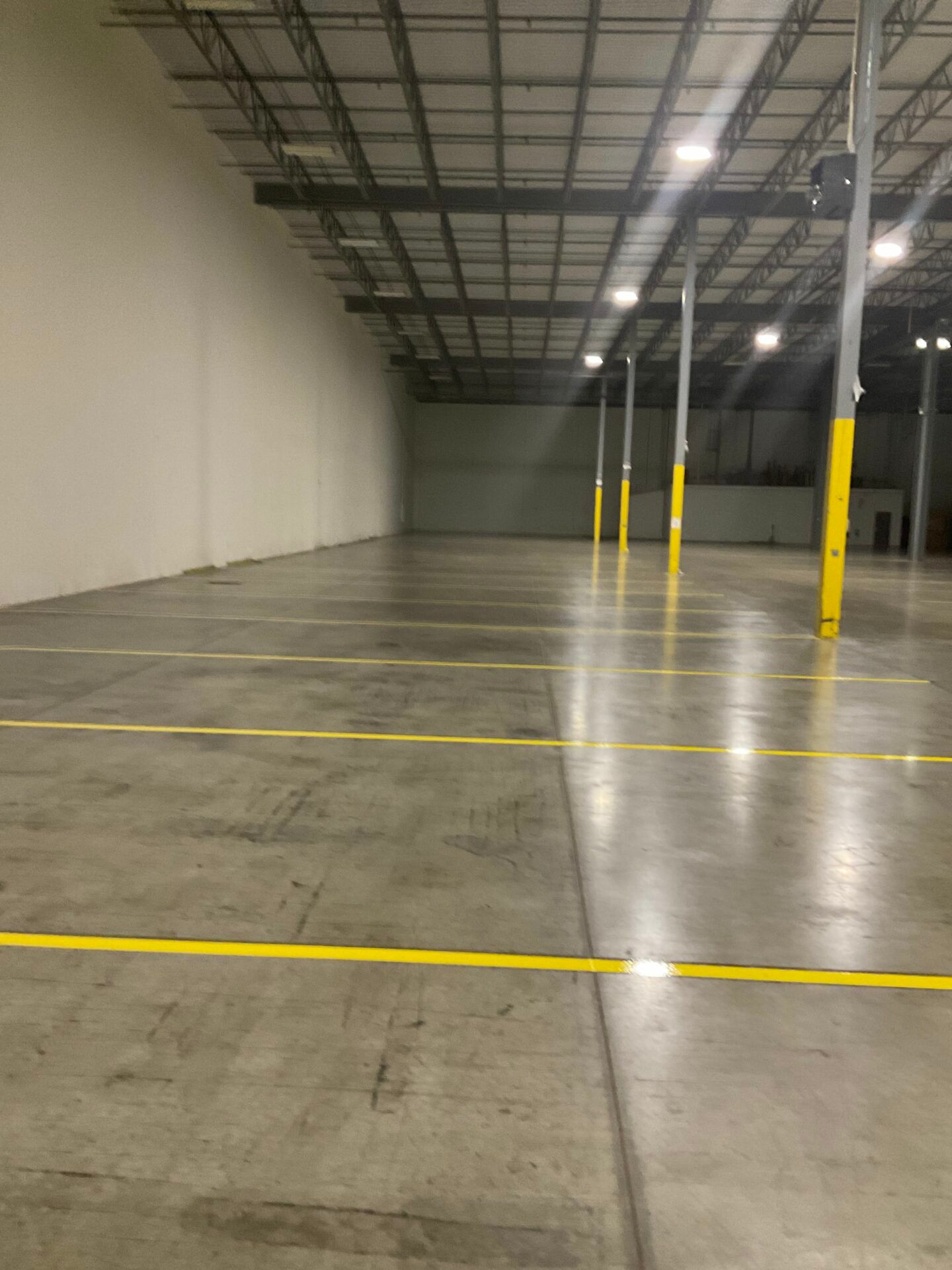 Warehouse floor with fresh line striping for a gourmet food distributor facility.