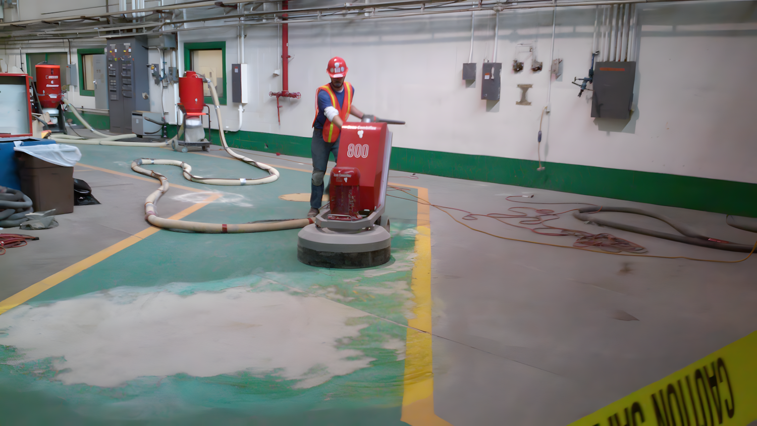 Bright green epoxy pedestrian walkway with yellow safety lines in an automotive glass manufacturing plant.