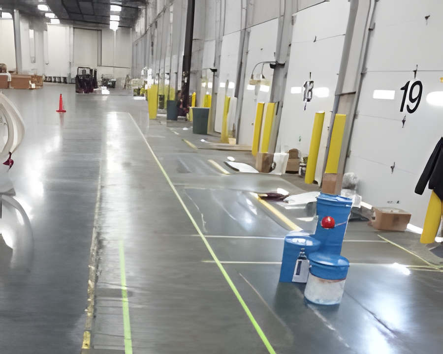 Durable epoxy walkways with safety striping in a forklift manufacturing facility.
